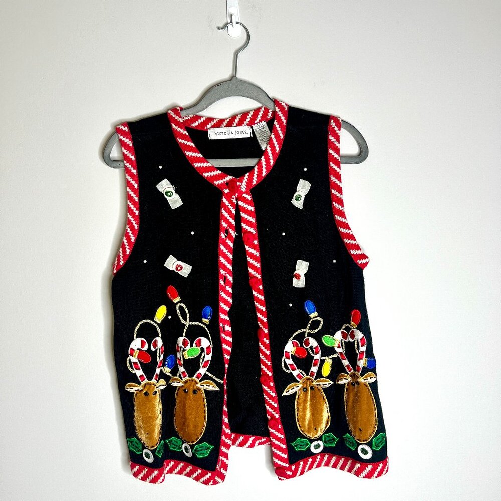 Vtg Victoria Jones Ugly Christmas Sweater Vest Beaded Novelty Button-Up Sz S